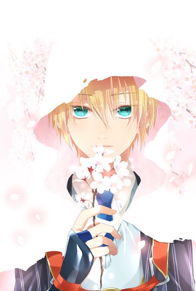 Anime picture 826x1223 with touken ranbu nitroplus yamanbagiri kunihiro hajime single tall image looking at viewer fringe short hair blonde hair hair between eyes holding upper body parted lips aqua eyes torn clothes cherry blossoms boy gloves petals