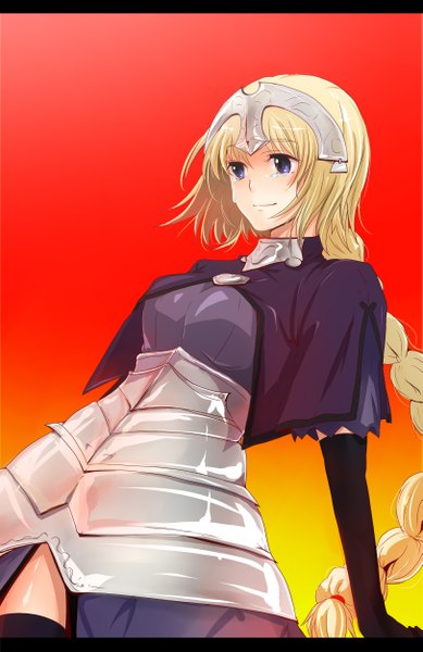 Anime picture 1621x2500 with fate (series) fate/apocrypha type-moon jeanne d'arc (fate) (all) jeanne d'arc (fate) single long hair tall image fringe breasts blue eyes blonde hair smile braid (braids) tears crying girl thighhighs dress armor