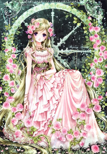 Anime picture 3265x4664 with sleeping beauty shiitake (gensoudou) single tall image highres blonde hair smile sitting purple eyes holding absurdres very long hair hair flower sleeveless girl dress hair ornament flower (flowers) plant (plants) petals