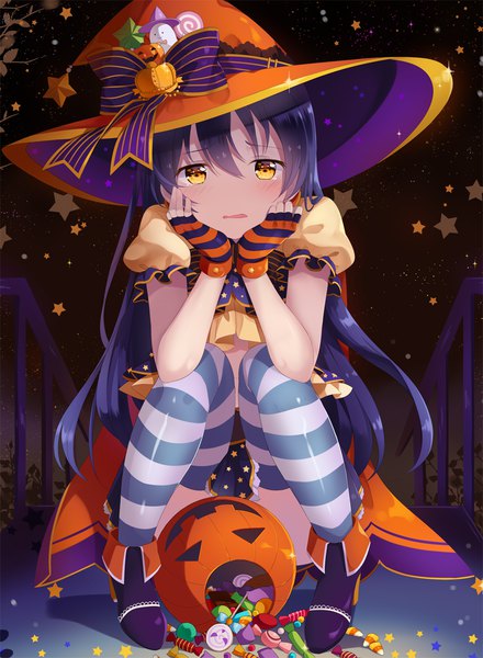 Anime picture 919x1254 with love live! school idol project sunrise (studio) love live! sonoda umi hitsukuya single long hair tall image looking at viewer blush yellow eyes blue hair halloween girl thighhighs dress gloves hat food sweets