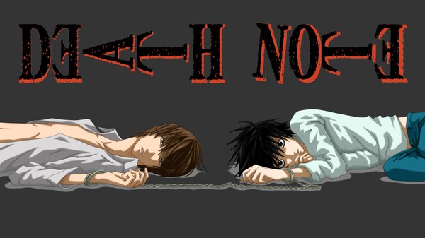 Anime picture 1600x901 with death note madhouse yagami light l (death note) flowerinhell looking at viewer fringe short hair black hair simple background brown hair wide image brown eyes black eyes inscription open clothes teeth shadow open shirt copyright name