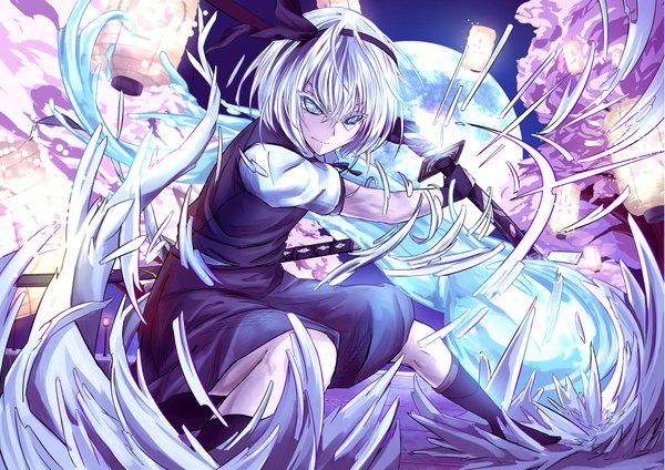 Anime picture 2047x1447 with touhou konpaku youmu myon ase tou mi kaameru single looking at viewer fringe highres short hair blue eyes smile holding purple hair bent knee (knees) white hair multicolored hair night night sky cherry blossoms magic