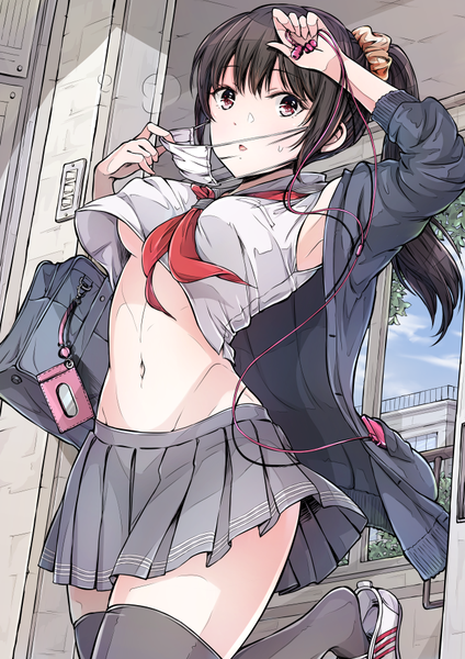 Anime picture 650x919 with original moe2019 hoshimaemi single long hair tall image looking at viewer fringe breasts open mouth light erotic hair between eyes brown hair standing ponytail indoors pleated skirt pink eyes open clothes midriff