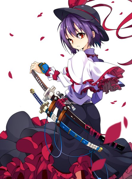 Anime picture 1000x1351 with touhou nagae iku kotomuke fuurin single tall image looking at viewer highres short hair simple background red eyes standing white background purple hair long sleeves looking back girl dress ribbon (ribbons) bow weapon