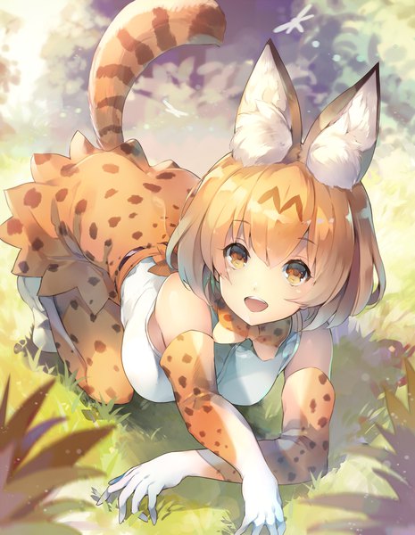 Anime picture 930x1200 with kemono friends serval (kemono friends) deecha single looking at viewer fringe open mouth blonde hair hair between eyes bare shoulders brown eyes animal ears tail animal tail kneeling happy crossed arms squat animal print paw pose