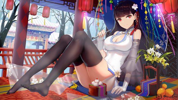 Anime picture 1280x720 with azur lane yat sen (azur lane) zjsstc single long hair looking at viewer breasts light erotic black hair red eyes wide image cleavage traditional clothes legs chinese clothes cleavage cutout girl thighhighs hair ornament flower (flowers)