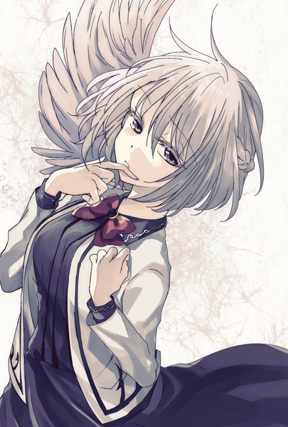 Anime picture 676x1000 with touhou kishin sagume katayama kei single tall image looking at viewer fringe short hair hair between eyes white background upper body long sleeves grey hair black eyes hand to mouth serious single wing girl dress bowtie