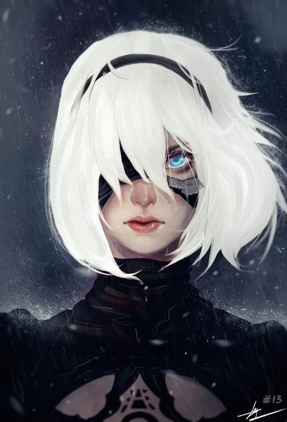 Anime picture 1200x1762 with nier nier:automata yorha no. 2 type b hashtag13 single tall image looking at viewer fringe short hair blue eyes hair between eyes signed upper body white hair parted lips one eye closed lips wet rain cleavage cutout