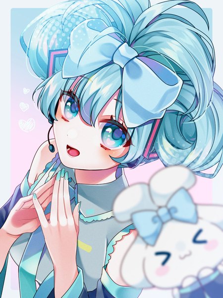 Anime picture 1000x1333 with vocaloid sanrio hatsune miku cinnamiku cinnamoroll rukito single tall image looking at viewer fringe short hair open mouth hair between eyes blue hair eyes closed nail polish :d aqua eyes from above fingers together