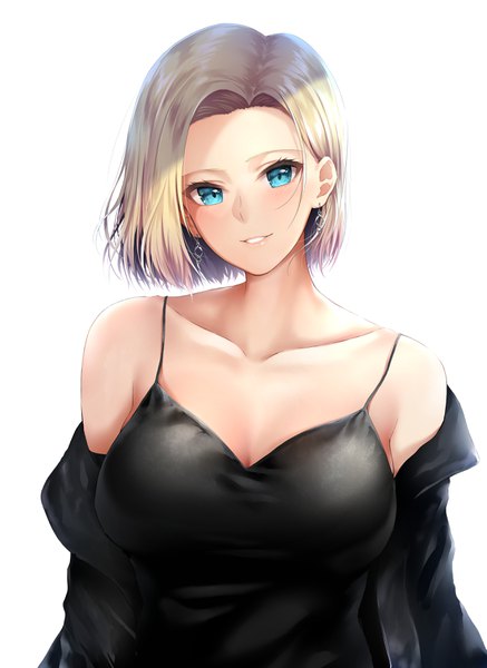 Anime picture 2578x3539 with dragon ball dragon ball z android 18 khanka shui single tall image looking at viewer blush highres short hair breasts blue eyes light erotic simple background blonde hair smile large breasts white background cleavage upper body