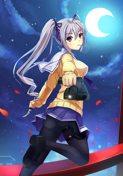 Anime picture 1308x1869 with dance of eternity single long hair tall image blush silver hair cloud (clouds) ponytail side ponytail crescent girl skirt ribbon (ribbons) weapon hair ribbon petals pantyhose black pantyhose gun moon