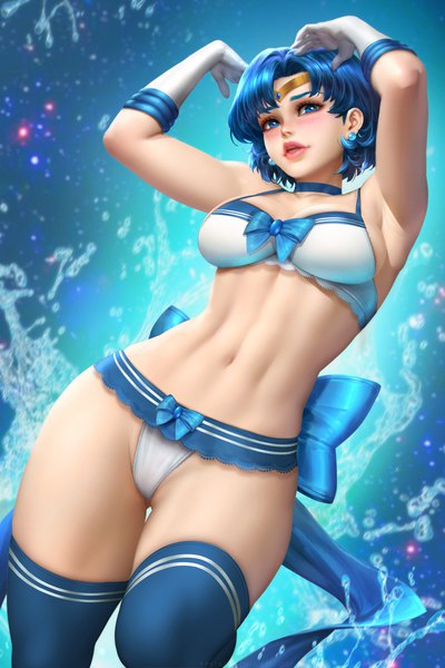 Anime picture 2400x3597 with bishoujo senshi sailor moon toei animation mizuno ami sailor mercury nudtawut thongmai single tall image blush fringe highres short hair breasts blue eyes light erotic simple background large breasts standing blue hair looking away realistic