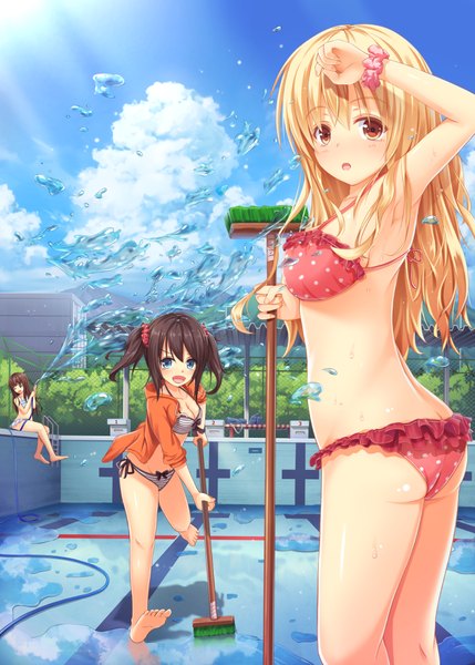 Anime picture 772x1080 with original ouka (ra-raradan) long hair tall image looking at viewer blush breasts open mouth blue eyes light erotic black hair blonde hair red eyes twintails multiple girls sky cloud (clouds) girl swimsuit bikini