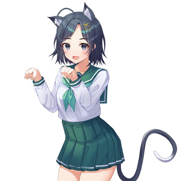 Anime picture 1000x1000 with yahari ore no seishun love comedy wa machigatteiru. brains base (studio) hikigaya komachi omul single looking at viewer blush short hair open mouth black hair simple background smile standing white background animal ears ahoge tail long sleeves :d animal tail
