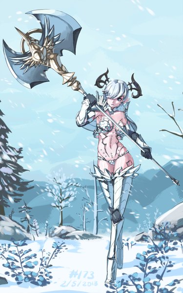 Anime picture 1050x1680 with tera online castanic (tera) junkpuyo single tall image fringe short hair blue eyes light erotic standing holding sky silver hair horn (horns) pointy ears hair over one eye aqua hair high heels snowing winter