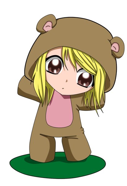 Anime picture 1000x1463 with fairy tail lucy heartfilia flowerinhell single tall image fringe short hair simple background blonde hair white background brown eyes chibi girl plant (plants) grass suit animal costume bear costume
