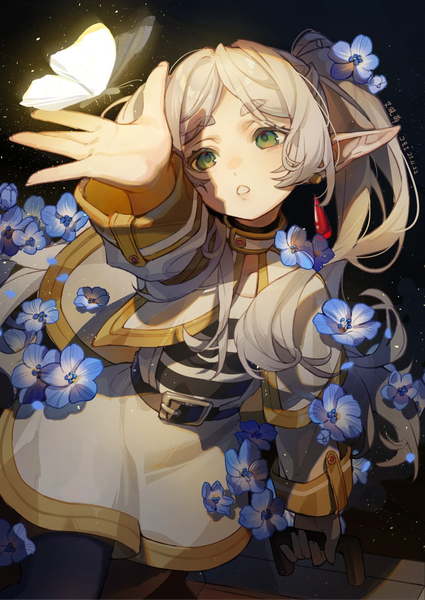 Anime picture 1080x1525 with sousou no frieren frieren ai xiao meng single long hair tall image twintails green eyes looking away silver hair arm up from above pointy ears elf girl flower (flowers) earrings belt insect butterfly