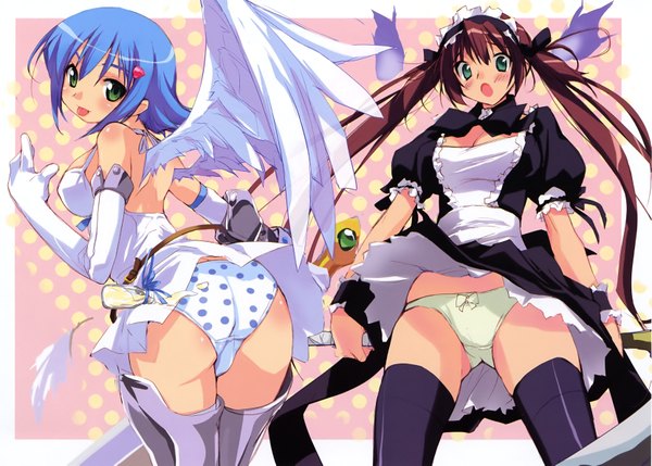 Anime picture 3321x2377 with queen's blade airi (queen's blade) nanael tagme (artist) long hair looking at viewer blush fringe highres short hair open mouth light erotic hair between eyes brown hair bare shoulders multiple girls green eyes blue hair absurdres maid