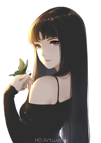 Anime picture 1000x1414 with tomie kawakami tomie caidychen single long hair tall image looking at viewer fringe black hair simple background white background purple eyes bare shoulders upper body blunt bangs nail polish looking back light smile from behind off shoulder