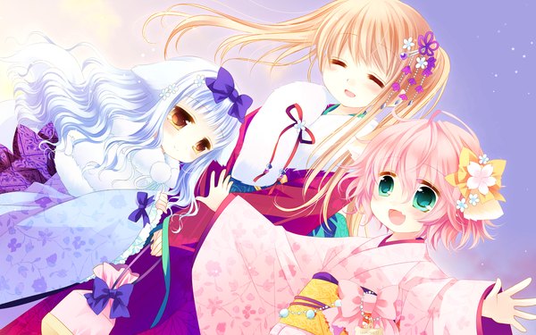 Anime picture 1920x1200 with wanko to lily wanko lily (w&l) touko sakurazawa izumi long hair blush highres short hair open mouth blue eyes blonde hair wide image multiple girls yellow eyes pink hair white hair eyes closed traditional clothes japanese clothes