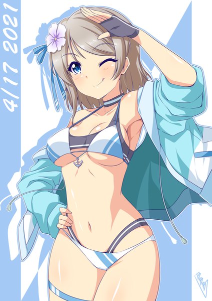 Anime picture 2480x3508 with love live! sunshine!! sunrise (studio) love live! watanabe you bunji single tall image looking at viewer blush fringe highres short hair breasts blue eyes light erotic simple background smile standing signed one eye closed