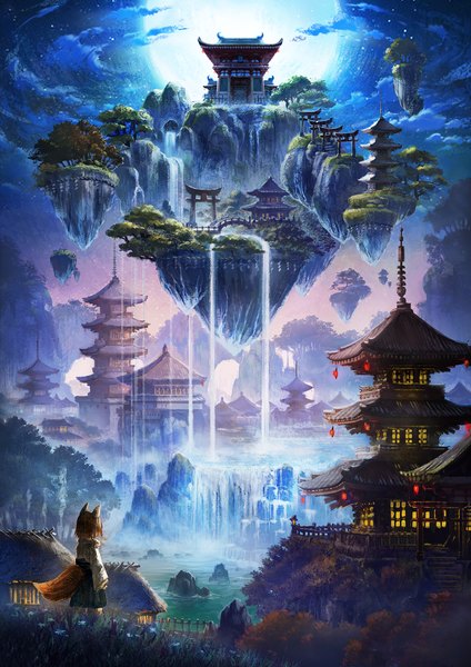 Anime picture 1414x2000 with original nekoneto single tall image short hair standing animal ears looking away sky cloud (clouds) tail traditional clothes japanese clothes animal tail orange hair night night sky fox ears fox tail fox girl