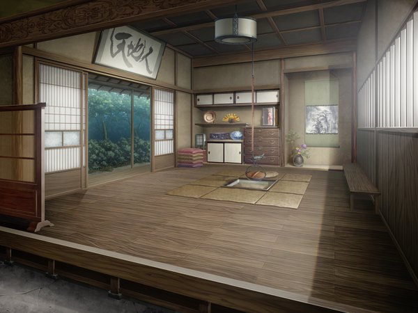 Anime picture 1600x1200 with original kirin kakeru hieroglyph no people flower (flowers) plant (plants) tree (trees) pillow fan bench room picture pillar vase sliding doors japanese house shouji