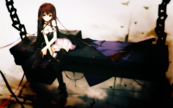 Anime picture 1920x1200 with original ruroo single long hair highres black hair brown hair wide image brown eyes gothic girl thighhighs dress skirt ribbon (ribbons) weapon black dress gun chain