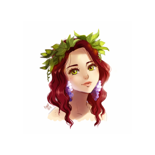 Anime picture 1000x1000 with original meago (artist) single long hair looking at viewer simple background white background green eyes red hair light smile girl earrings food berry (berries) wreath grapes