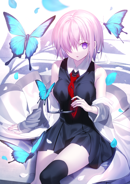 Anime-Bild 1000x1410 mit fate (series) fate/grand order mash kyrielight mashima saki (mashimasa) single tall image fringe short hair sitting purple eyes bare shoulders pink hair from above hair over one eye off shoulder arm support eyewear removed girl thighhighs petals