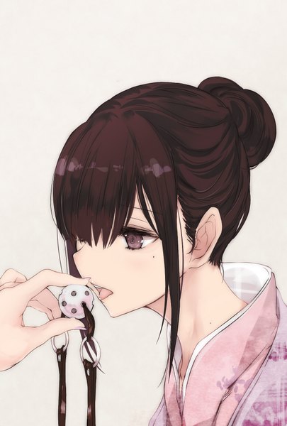 Anime picture 1181x1748 with original touma raito long hair tall image fringe open mouth light erotic simple background brown hair purple eyes holding traditional clothes japanese clothes mole mole under eye bdsm sexually suggestive girl tongue gag