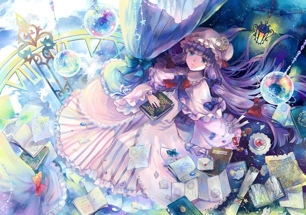 Anime picture 2952x2078 with touhou patchouli knowledge ekita xuan single long hair looking at viewer fringe highres blue eyes holding sky purple hair cloud (clouds) lying long sleeves parted lips wide sleeves on back character names magic