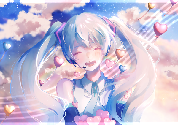 Anime picture 1039x730 with vocaloid hatsune miku rut single long hair blush fringe open mouth twintails bare shoulders blue hair sky cloud (clouds) upper body eyes closed head tilt night tattoo night sky happy