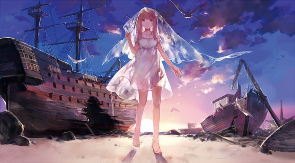 Anime picture 1500x831 with original cotta single long hair looking at viewer red eyes wide image standing pink hair sky cloud (clouds) barefoot sunlight shadow beach sand destruction broken see-through silhouette girl
