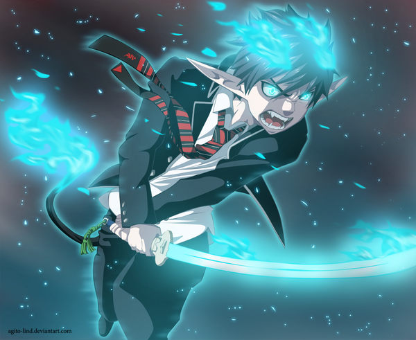 Anime picture 1000x819 with ao no exorcist a-1 pictures okumura rin aagito single short hair open mouth blue eyes black hair pointy ears teeth coloring magic glowing dark background glowing eye (eyes) angry sharp teeth boy weapon