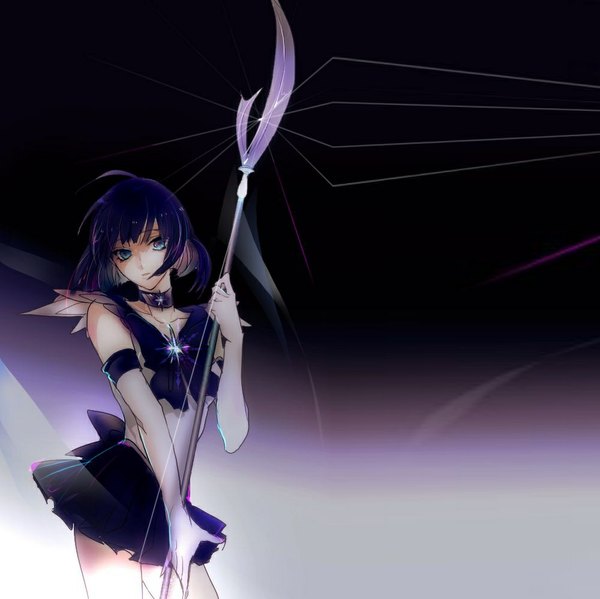 Anime picture 1000x999 with bishoujo senshi sailor moon toei animation sailor saturn single looking at viewer short hair blue eyes simple background standing blue hair purple hair pleated skirt dark background girl skirt gloves uniform bow miniskirt choker