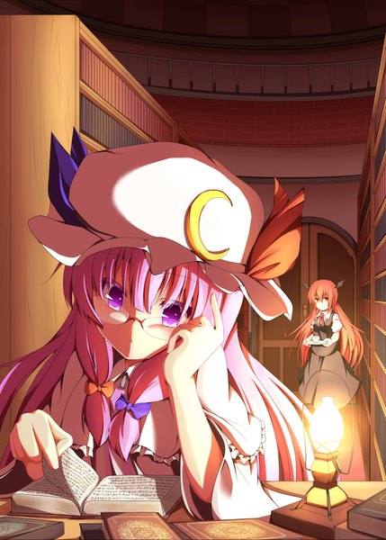 Anime picture 2590x3623 with touhou patchouli knowledge koakuma wakagi repa long hair tall image highres red eyes purple eyes multiple girls purple hair red hair head wings girl dress bow 2 girls hair bow glasses book (books)
