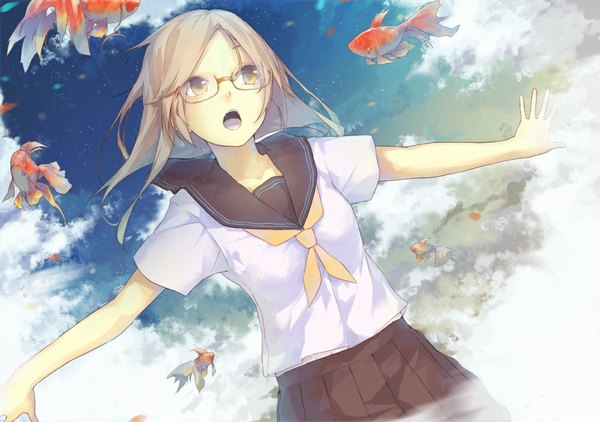 Anime picture 1000x704 with original la-na single long hair open mouth brown hair yellow eyes sky cloud (clouds) pleated skirt teeth spread arms girl skirt uniform glasses serafuku star (stars) fish (fishes) sailor suit