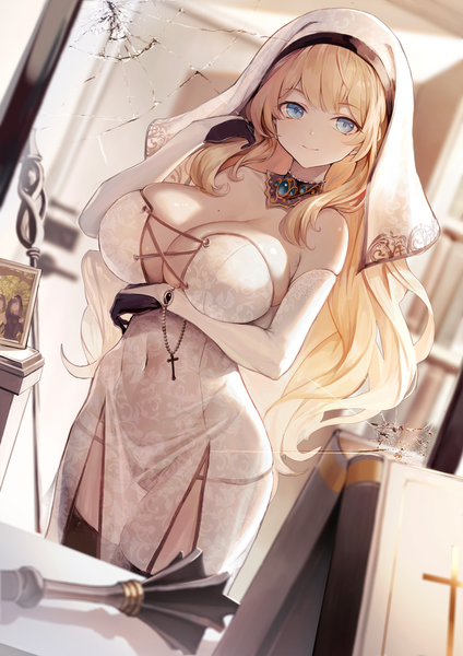 Anime picture 3000x4243 with original dampi single long hair tall image looking at viewer fringe highres breasts blue eyes light erotic blonde hair standing payot cleavage indoors light smile blurry mole dutch angle