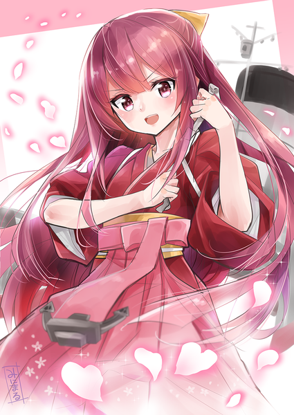 Anime picture 850x1200 with kantai collection kamikaze destroyer minimaru (artist) single tall image looking at viewer blush fringe open mouth smile holding payot pink hair traditional clothes pink eyes blurry wide sleeves teeth sparkle half updo