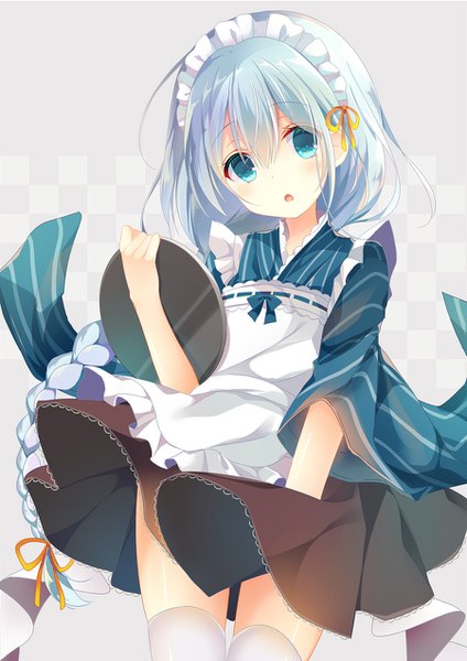 Anime picture 900x1273 with sound voltex hiyuki-chan shiiba nae single long hair tall image looking at viewer blush fringe hair between eyes blue hair braid (braids) traditional clothes head tilt japanese clothes aqua eyes :o single braid wa maid girl