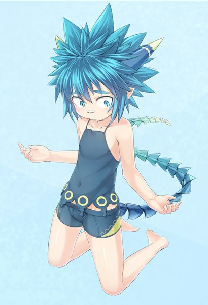 Anime picture 620x906 with summon night lyurm (summon night) ell single tall image blush short hair blue eyes simple background blue hair tail pointy ears blue background bandaid on nose boy navel bandaid clothes swimming trunks