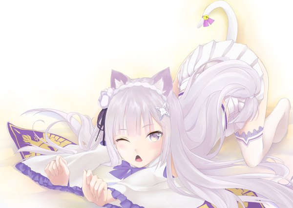 Anime picture 2868x2039 with re:zero kara hajimeru isekai seikatsu white fox emilia (re:zero) z w (pixiv19347421) single long hair looking at viewer blush fringe highres open mouth simple background white background animal ears silver hair tail blunt bangs animal tail pleated skirt one eye closed