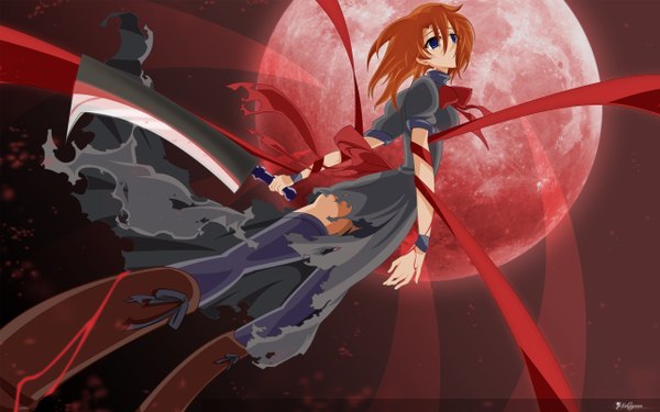 Anime picture 2560x1600 with higurashi no naku koro ni studio deen ryuuguu rena single fringe highres short hair blue eyes hair between eyes wide image standing holding signed looking away parted lips orange hair from below dutch angle zettai ryouiki torn clothes