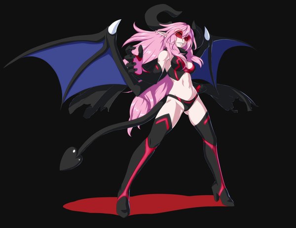 Anime picture 3500x2700 with original bochi (pixiv id392759) single long hair highres light erotic simple background pink hair absurdres tail horn (horns) orange eyes black background demon girl demon tail demon wings girl navel wings glasses