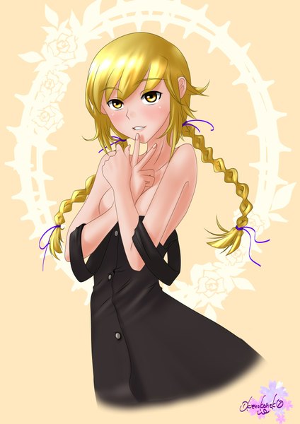 Anime picture 1413x2000 with bakemonogatari shaft (studio) monogatari (series) oshino shinobu okenokoneko tall image light erotic simple background blonde hair white background bare shoulders yellow eyes braid (braids) twin braids topless dress lift girl