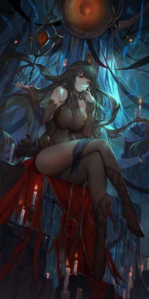 Anime-Bild 1339x2679 mit original swd3e2 single long hair tall image looking at viewer fringe breasts light erotic smile large breasts sitting bare shoulders brown eyes payot full body bent knee (knees) blunt bangs horn (horns) green hair