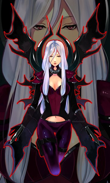 Anime picture 630x1044 with league of legends irelia (league of legends) aira (artist) single long hair tall image open mouth red eyes silver hair zoom layer girl navel weapon