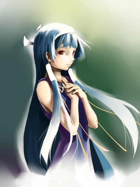 Anime picture 1200x1600 with kannagi nagi (kannagi) foge single long hair tall image looking at viewer blush red eyes bare shoulders blue hair light smile hand on chest green background girl hairband hair tubes