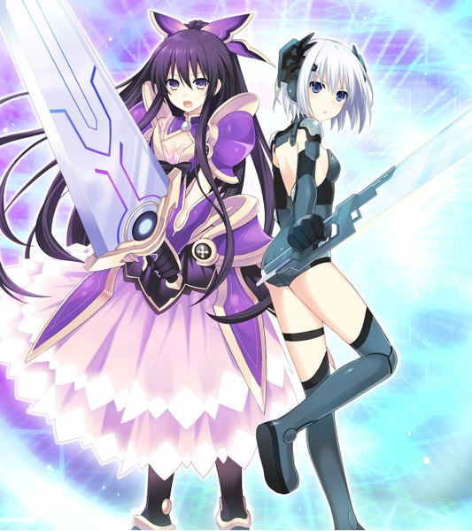 Anime picture 1280x1440 with date a live yatogami tooka tobiichi origami tsunako long hair tall image looking at viewer short hair open mouth blue eyes black hair purple eyes multiple girls white hair ponytail official art mechanical girl weapon 2 girls